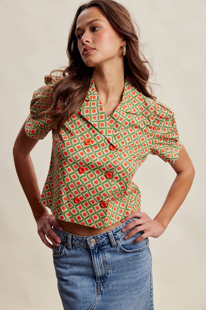 Geo Print Puff Sleeve Cropped Blazer