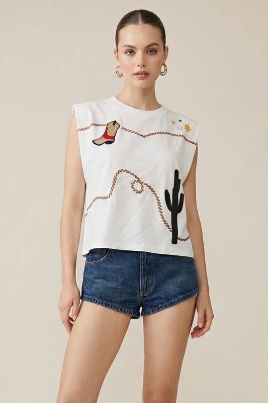 MUSCLE TOP WITH WESTERN EMBROIDERY