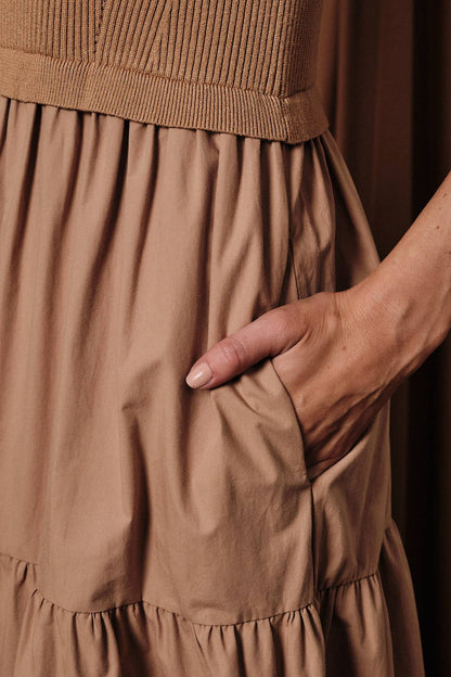 MOCK NECK SHORT SLEEVE KNIT & WOVEN MIX TIERED MIDI DRESS