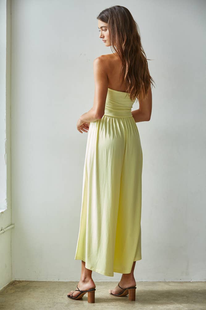 L9333 | Knit Polyester Spandex Tube Strapless Flare Jumpsuit