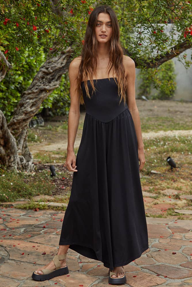 L9333 | Knit Polyester Spandex Tube Strapless Flare Jumpsuit
