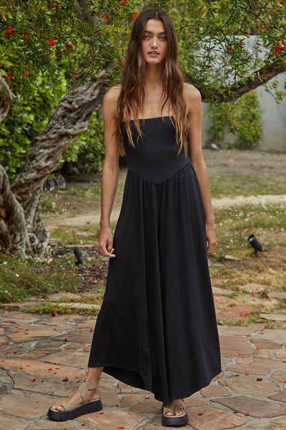 L9333 | Knit Polyester Spandex Tube Strapless Flare Jumpsuit