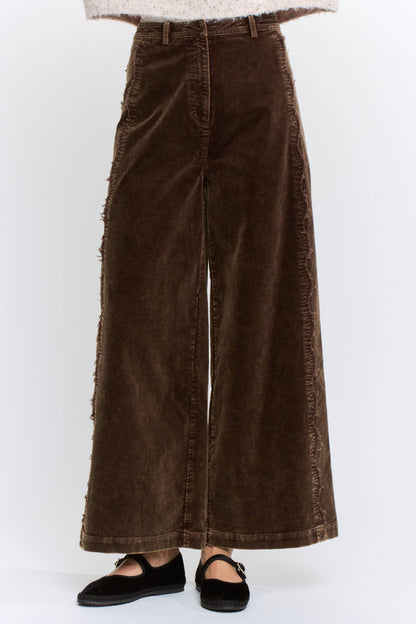 Brown Wide-Leg Corduroy High-Rise Scalloped Pants