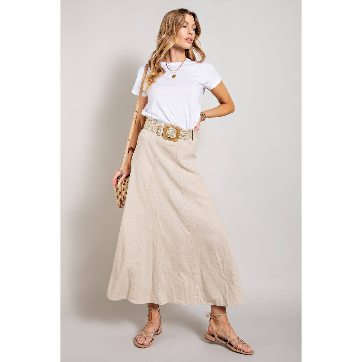 LINEN MAXI FLARE SKIRT with TRIM BELT