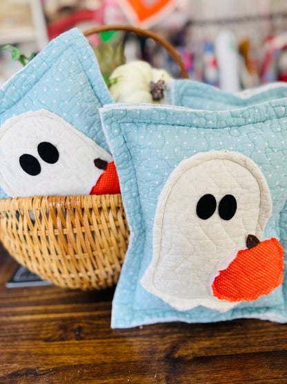 Reclaimed Fabric Ghost Pillow with Quilted Pumpkin – 9 x 12