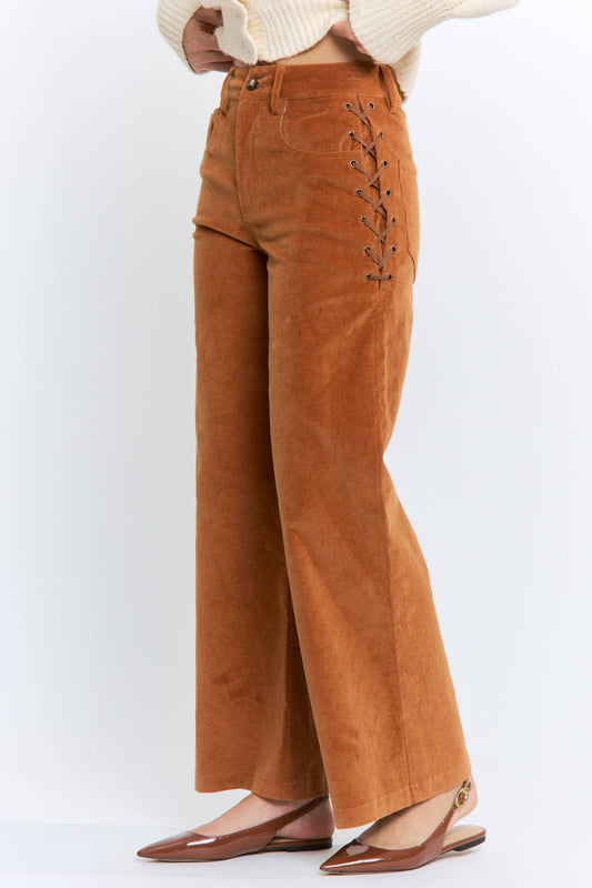 Wide Leg Corduroy Pants Side Lace-Up
