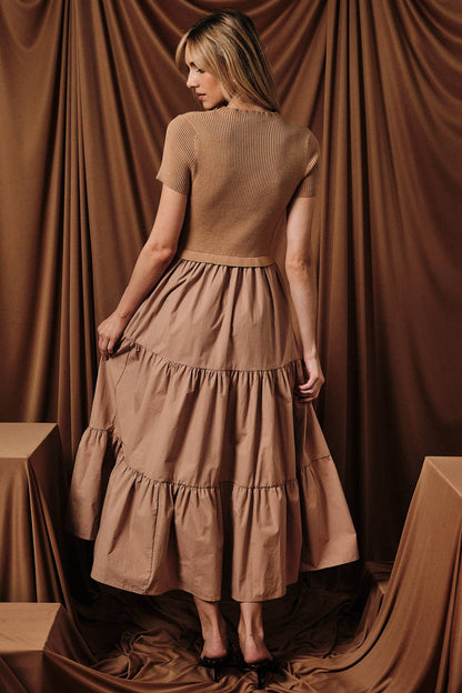 MOCK NECK SHORT SLEEVE KNIT & WOVEN MIX TIERED MIDI DRESS