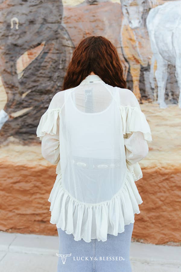 Ivory Long Sleeve Multi Tier Ruffle Front Tie Blouse
