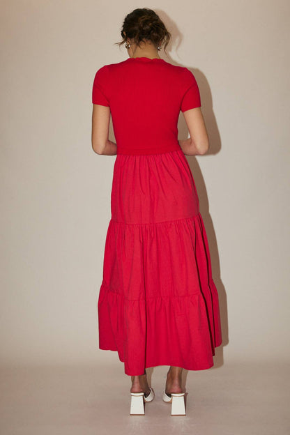 MOCK NECK SHORT SLEEVE KNIT & WOVEN MIX TIERED MIDI DRESS