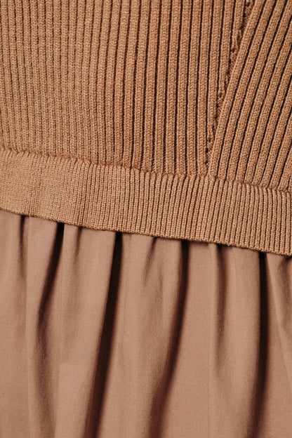 MOCK NECK SHORT SLEEVE KNIT & WOVEN MIX TIERED MIDI DRESS