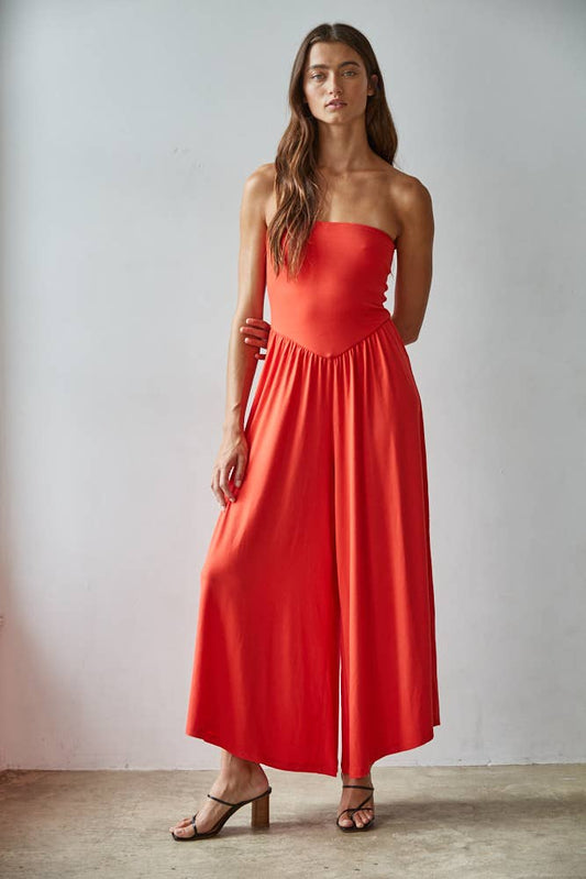 L9333 | Knit Polyester Spandex Tube Strapless Flare Jumpsuit