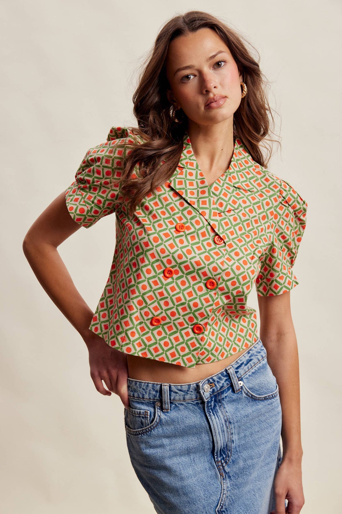Geo Print Puff Sleeve Cropped Blazer