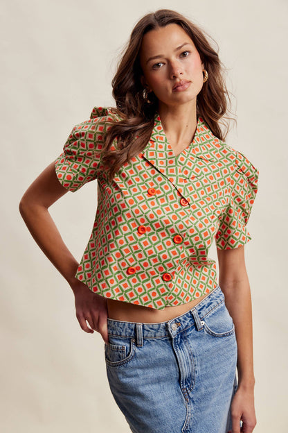 Geo Print Puff Sleeve Cropped Blazer