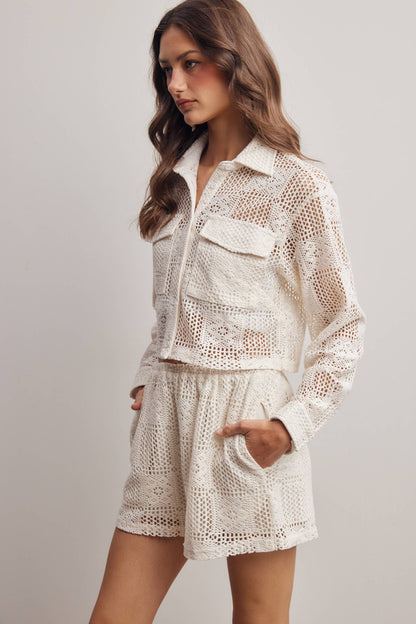 Crochet Lace Button-Front Pants Set FSET012