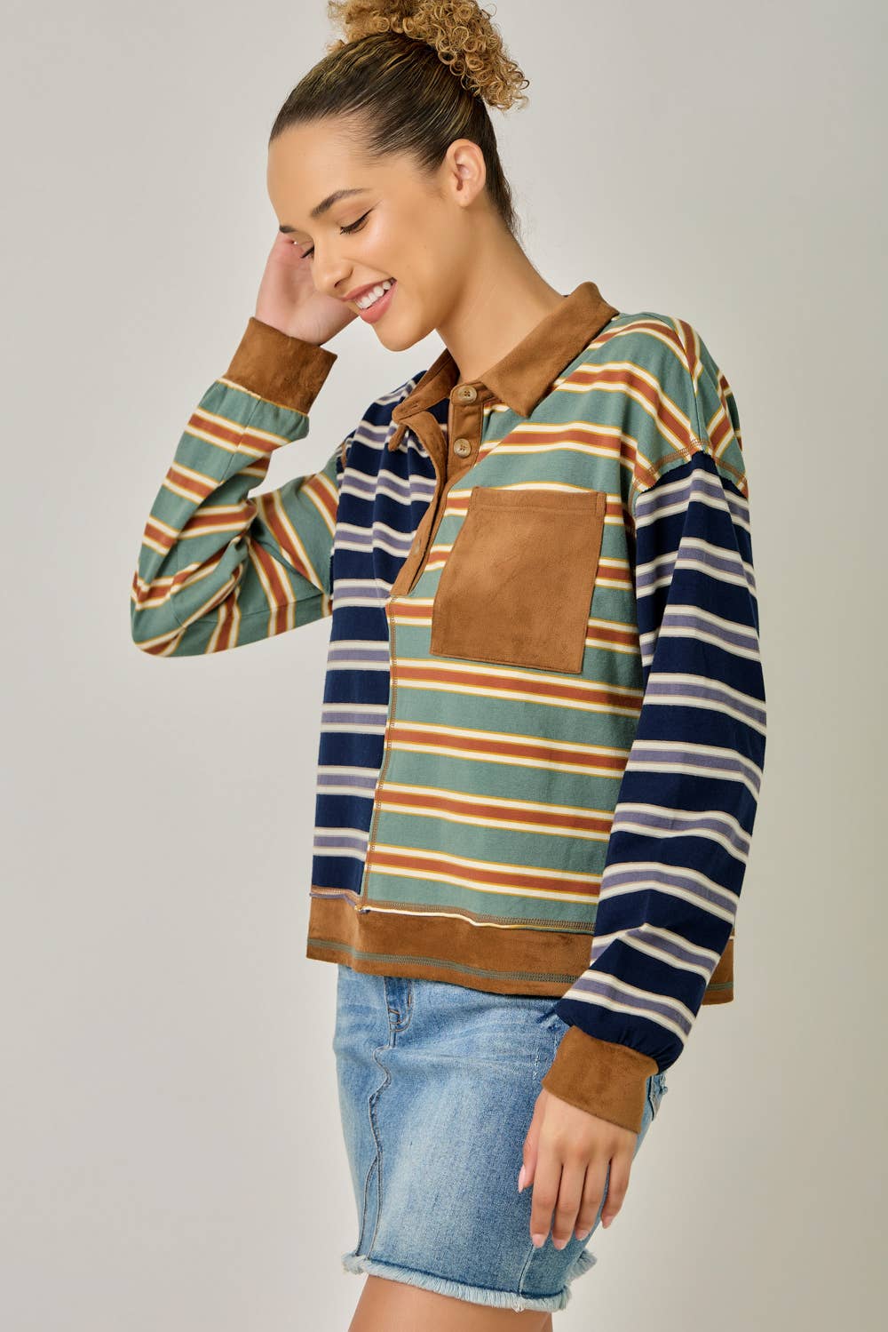 Mixed Stripe Suede Accent Polo Pullover
