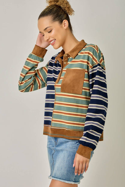 Mixed Stripe Suede Accent Polo Pullover