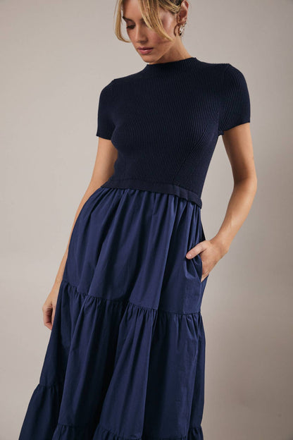 MOCK NECK SHORT SLEEVE KNIT & WOVEN MIX TIERED MIDI DRESS
