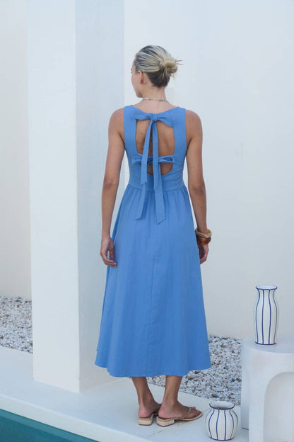 DDZ0602-28 | Blue Open Back Tie Midi Dress