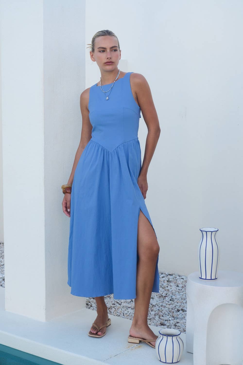 DDZ0602-28 | Blue Open Back Tie Midi Dress