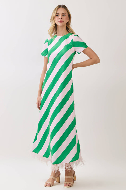 CD07188-Diagonal Stripe Feather Hem Maxi Dress