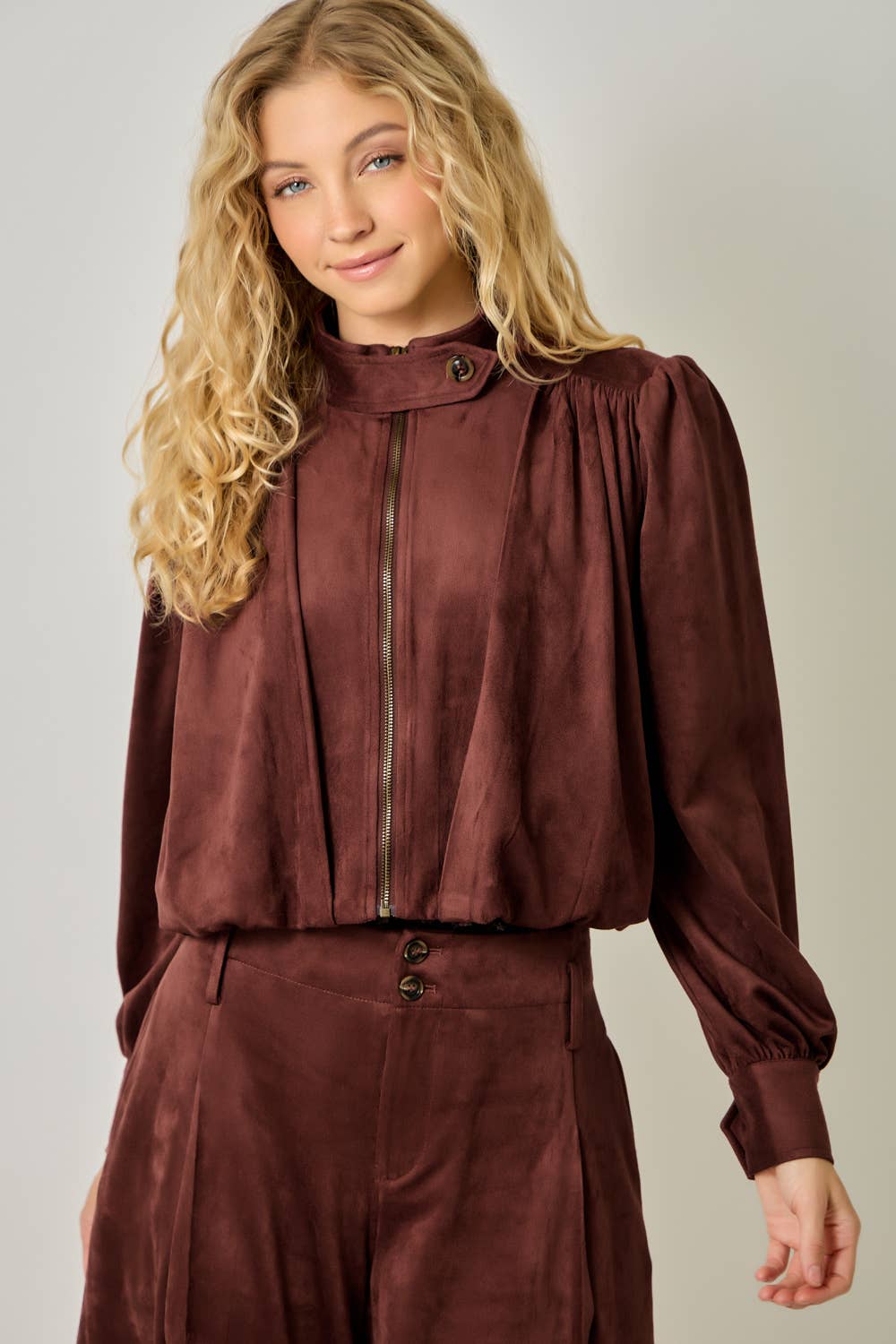 Suede Gathered Blouson Jacket