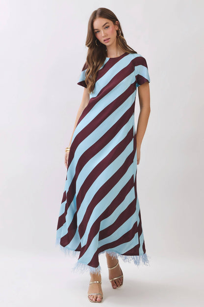 CD07188-Diagonal Stripe Feather Hem Maxi Dress