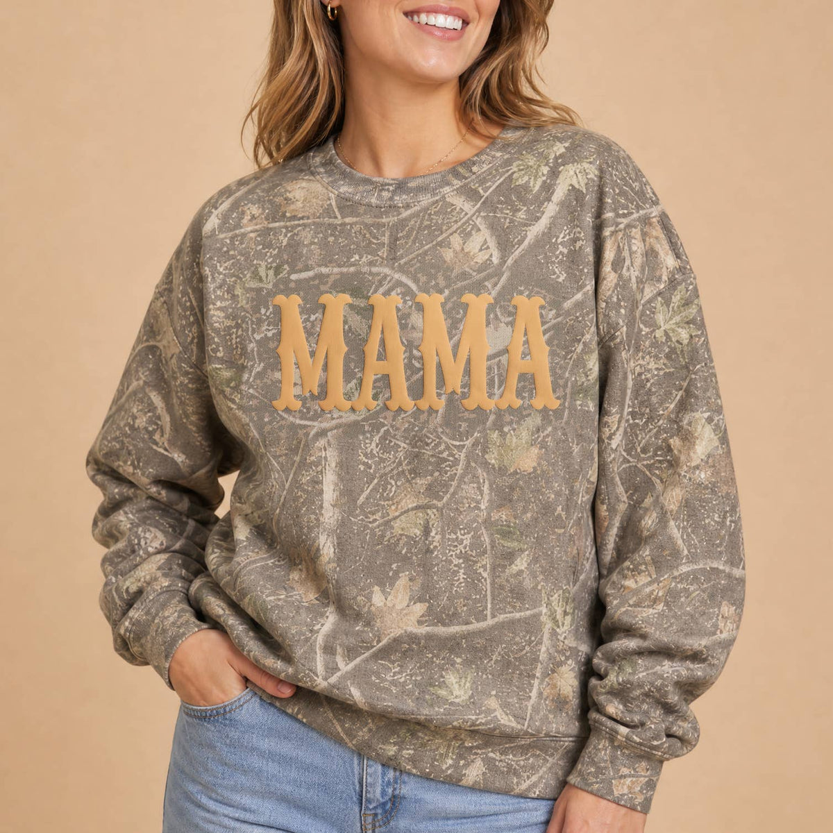 MAMA Puff Print Deadwood Tree Camo Crewneck Sweatshirt
