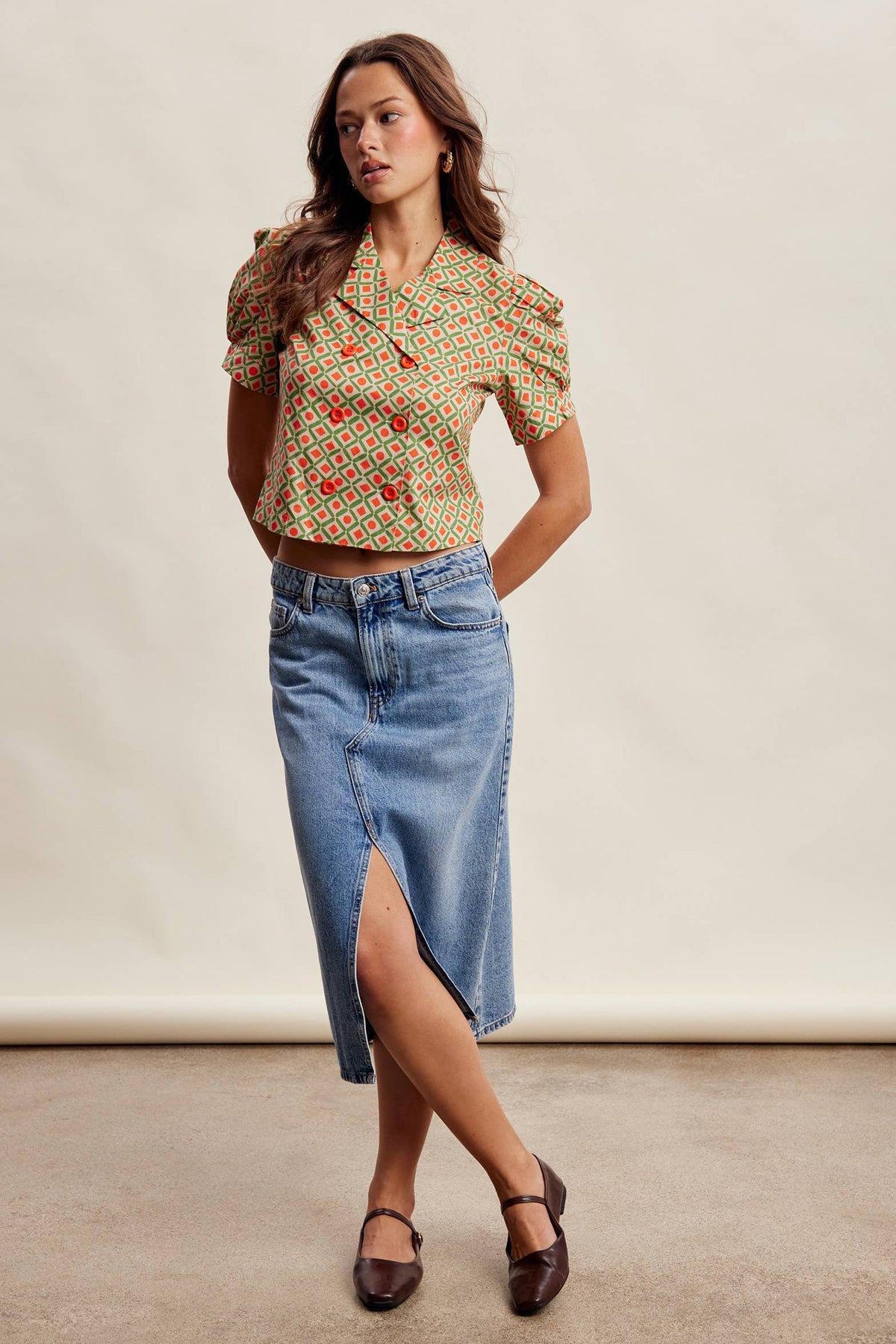 Geo Print Puff Sleeve Cropped Blazer