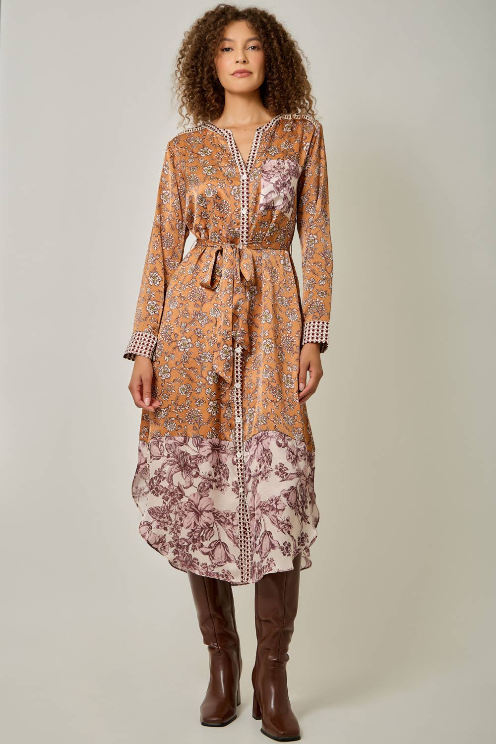 Autumn Mixed Print Satin Midi Shirt Dress