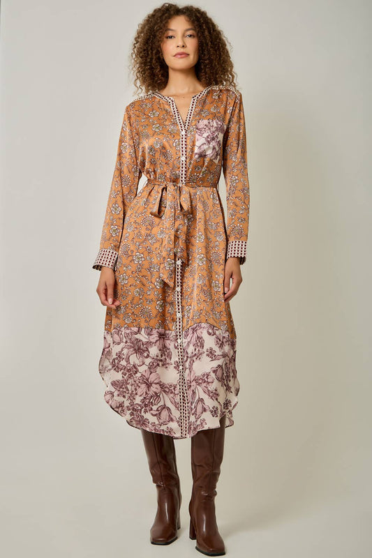 Autumn Mixed Print Satin Midi Shirt Dress