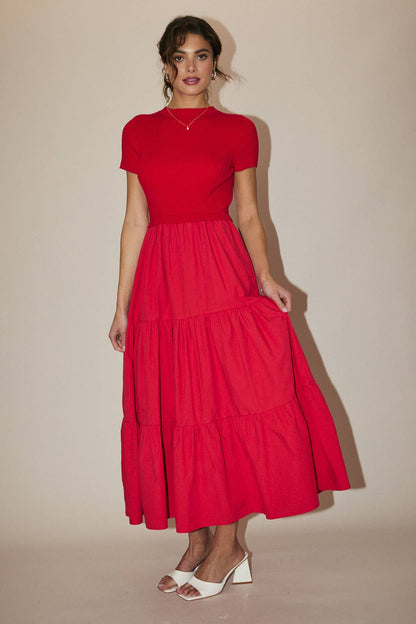 MOCK NECK SHORT SLEEVE KNIT & WOVEN MIX TIERED MIDI DRESS