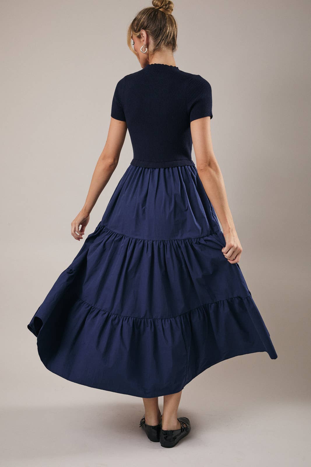 MOCK NECK SHORT SLEEVE KNIT & WOVEN MIX TIERED MIDI DRESS