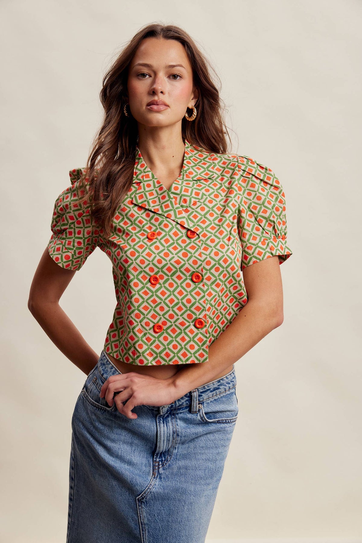 Geo Print Puff Sleeve Cropped Blazer