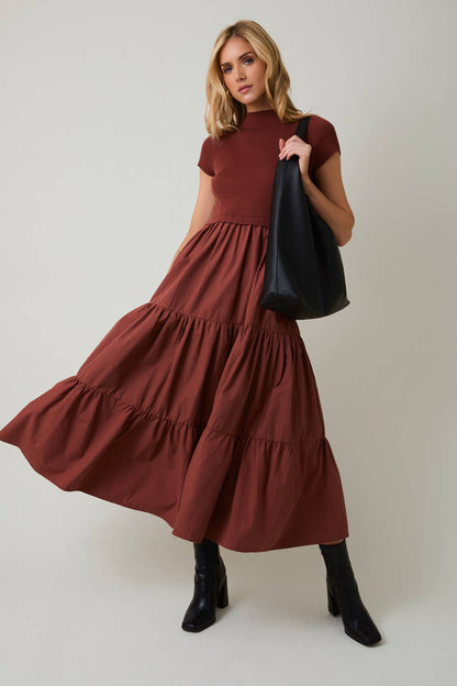 MOCK NECK SHORT SLEEVE KNIT & WOVEN MIX TIERED MIDI DRESS