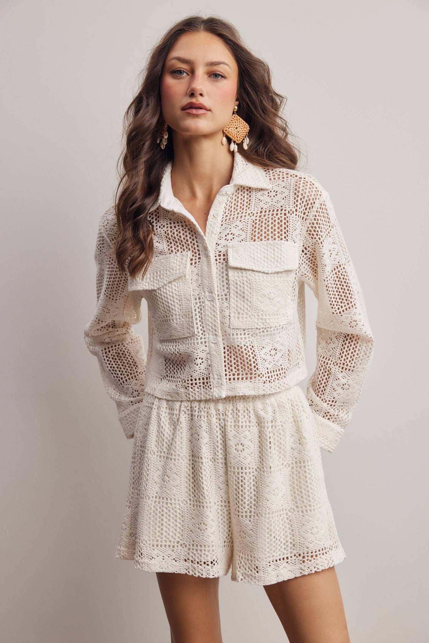 Crochet Lace Button-Front Pants Set FSET012