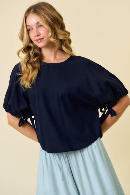 LINEN BLEND SLEEVE TIE DETAIL TOP