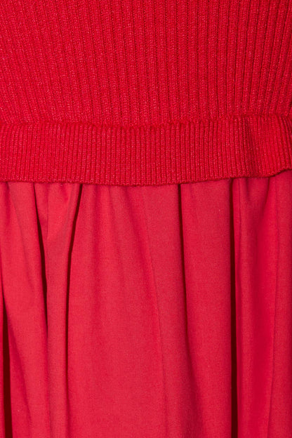 MOCK NECK SHORT SLEEVE KNIT & WOVEN MIX TIERED MIDI DRESS