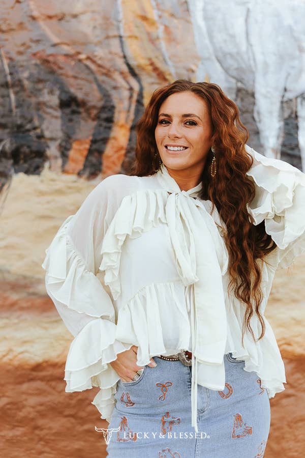 Ivory Long Sleeve Multi Tier Ruffle Front Tie Blouse