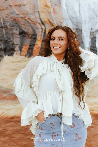Ivory Long Sleeve Multi Tier Ruffle Front Tie Blouse