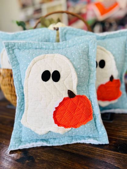 Reclaimed Fabric Ghost Pillow with Quilted Pumpkin – 9 x 12