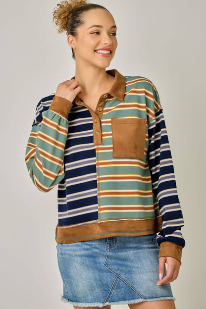 Mixed Stripe Suede Accent Polo Pullover