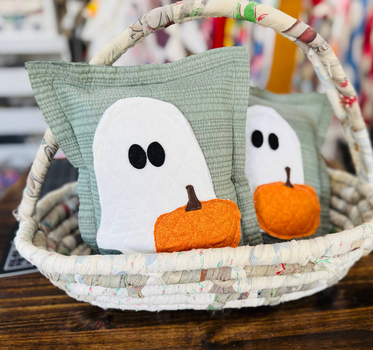 Reclaimed Fabric Ghost Pillow with Quilted Pumpkin – 9 x 12