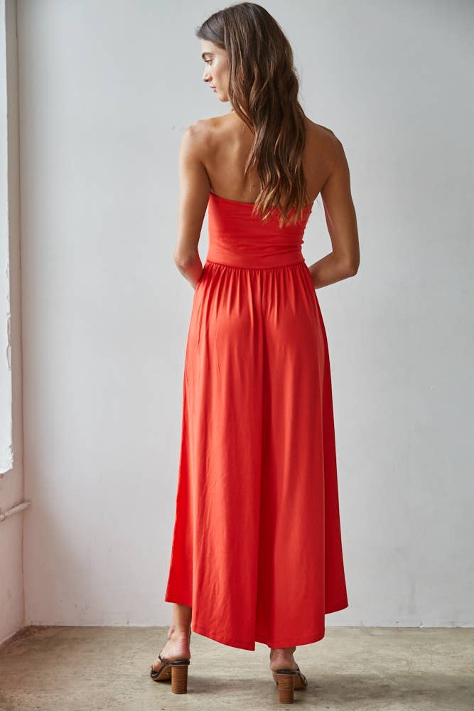 L9333 | Knit Polyester Spandex Tube Strapless Flare Jumpsuit