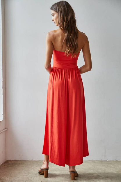 L9333 | Knit Polyester Spandex Tube Strapless Flare Jumpsuit