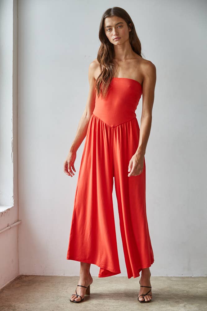 L9333 | Knit Polyester Spandex Tube Strapless Flare Jumpsuit