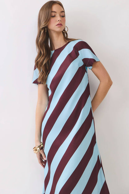 CD07188-Diagonal Stripe Feather Hem Maxi Dress
