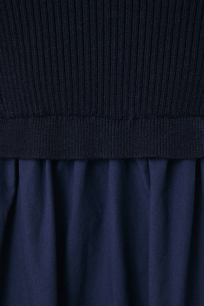 MOCK NECK SHORT SLEEVE KNIT & WOVEN MIX TIERED MIDI DRESS