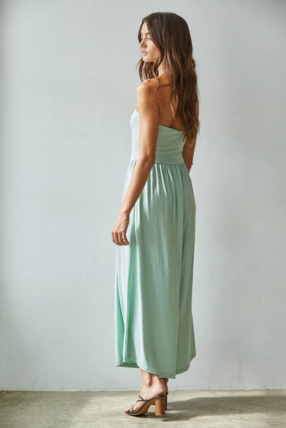 L9333 | Knit Polyester Spandex Tube Strapless Flare Jumpsuit