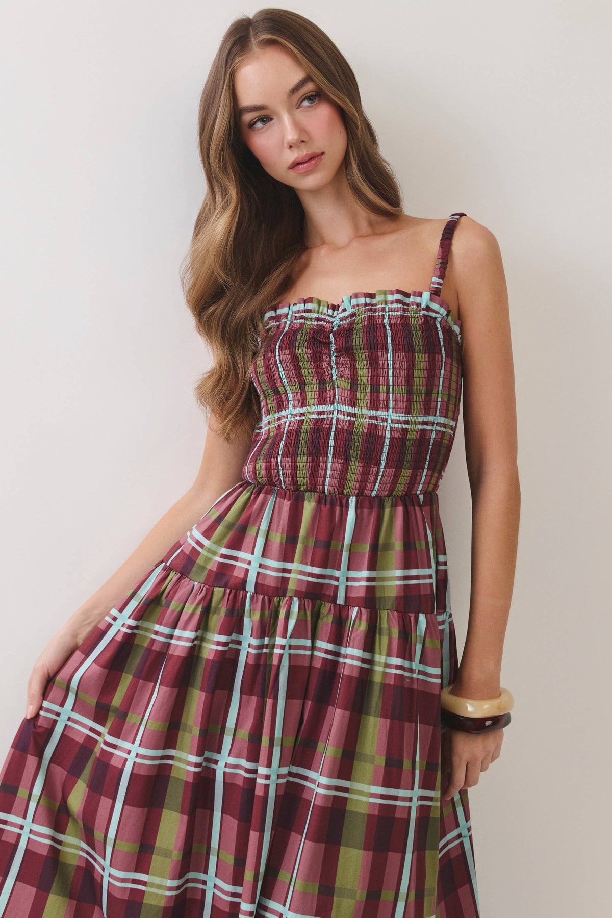 Plaid Smocked Tiered Maxi Dress