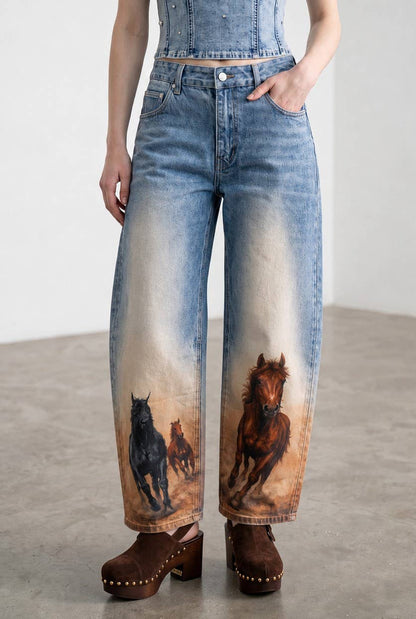 60213P Horse Printed Barrel Leg Denim Pants